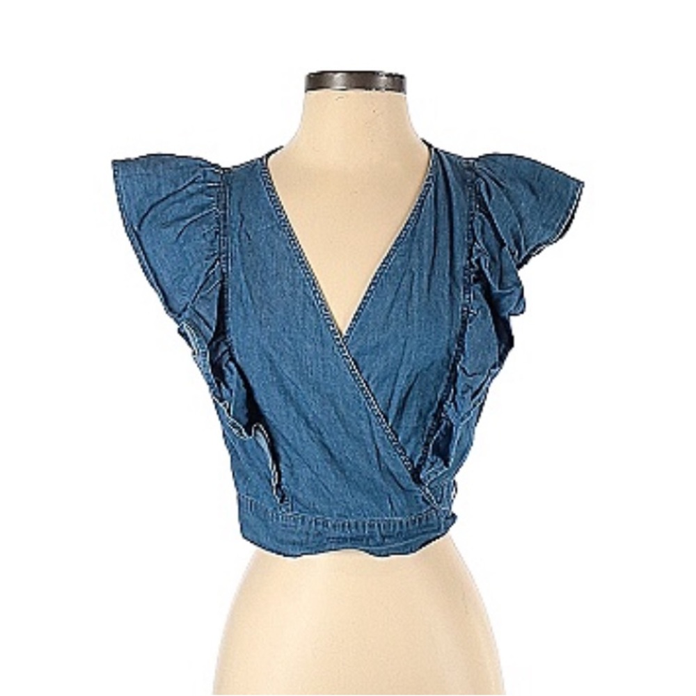 BP. Denim crop Ruffle Sleeve Top
